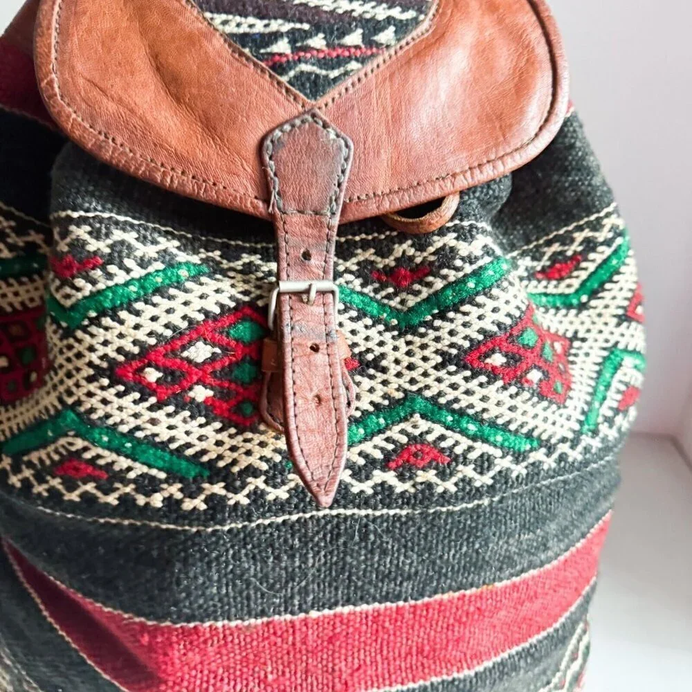 Vintage Handmade Ethnic Kilim Leather LArge Backpack